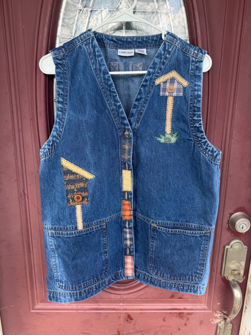 Cabin Creek Denim Vest with Patchwork Birdhouse Appliqués - Blue